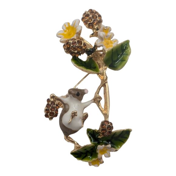 Flowers Mouse Orange Rhinestone Enamel Brooch Pin Yellow Green Vintage Mice - Picture 1 of 7